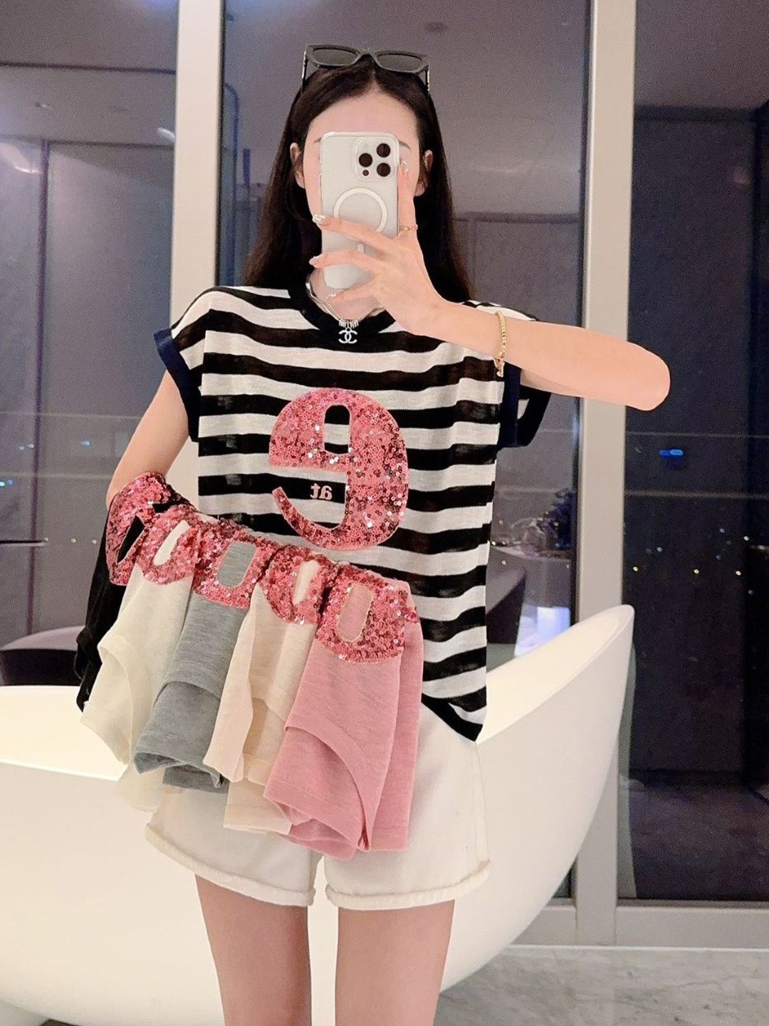 

StyleCast Round Neck Horizontal Striped Embellished Tank Top, Black