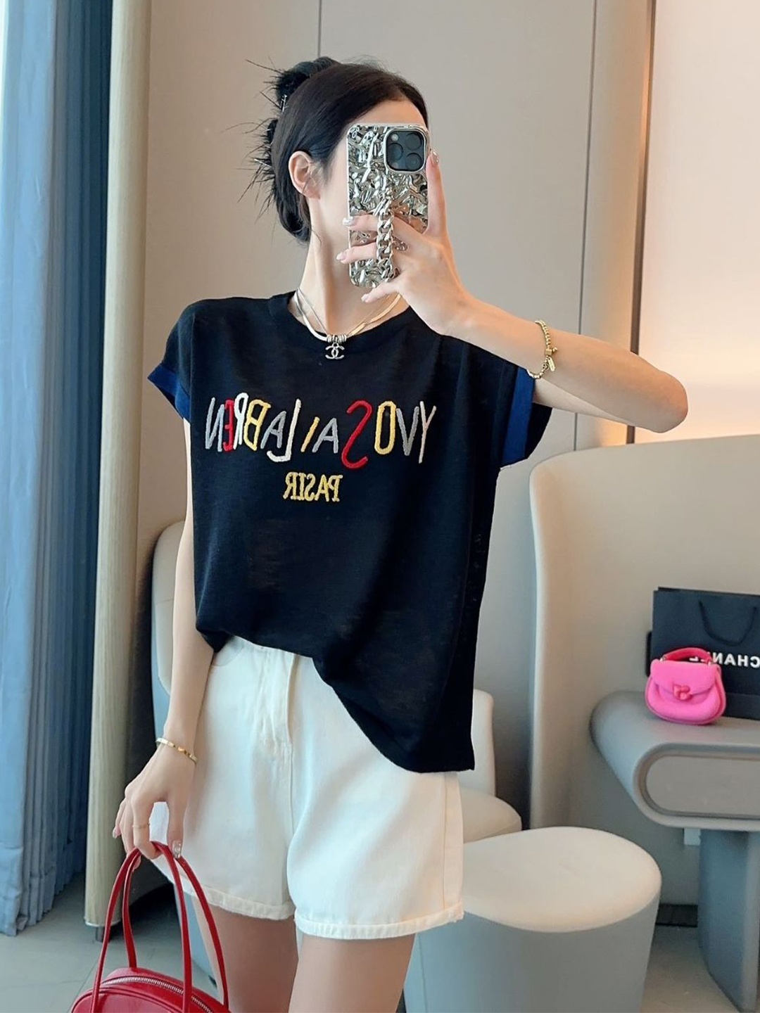 

StyleCast Round Neck Typography Printed Top, Black