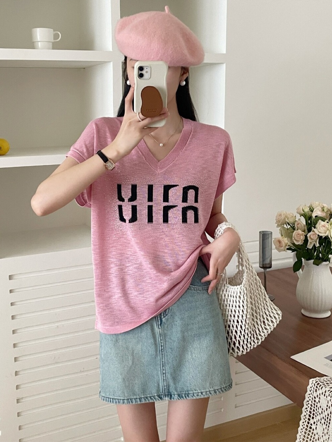 

StyleCast Pink Typography Printed V-Neck Extended Sleeves Casual T-shirt