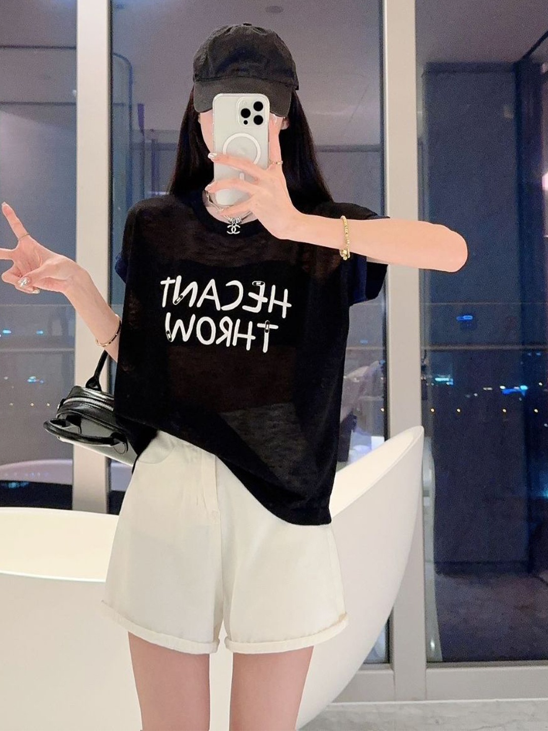 

StyleCast Round Neck Typography Printed Top, Black