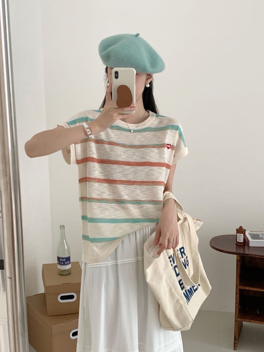 

StyleCast Green & White Horizontal Striped Extended Sleeves Top