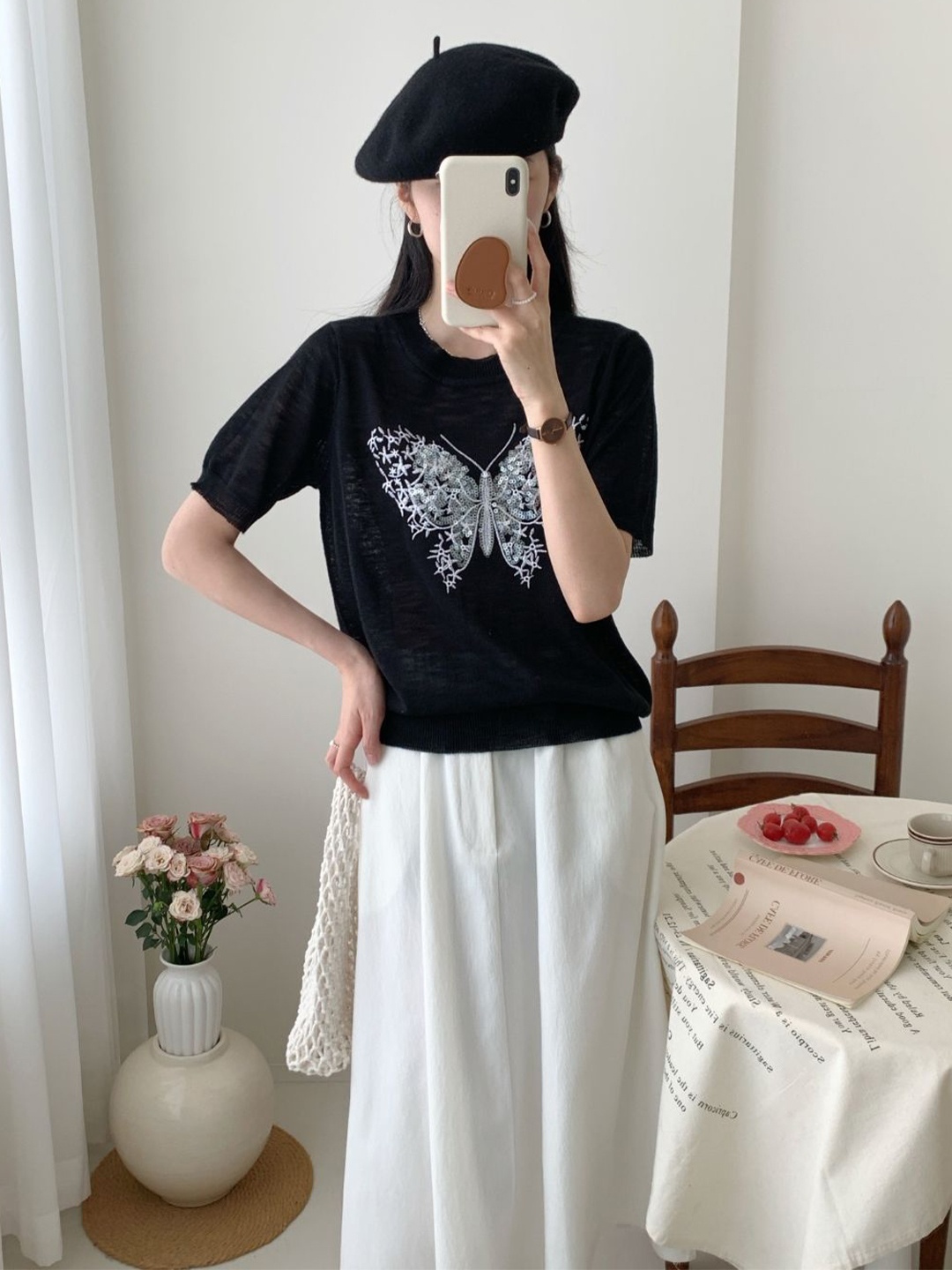 

StyleCast Round Neck Embellished Top, Black