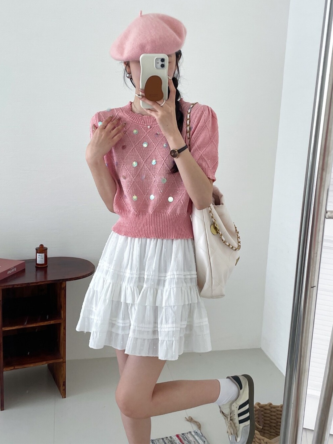 

StyleCast Pink Self Design Round Neck Puff Sleeves Regular Top