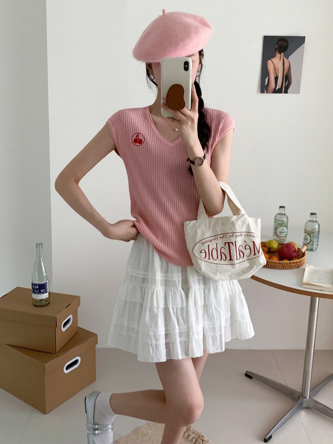

StyleCast Pink Self Design Cap Sleeves V-neck Top