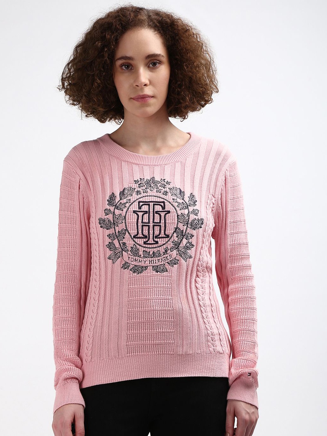 

Tommy Hilfiger Self-design Round Neck Ribbed Cable Knit Pullover Sweater, Pink