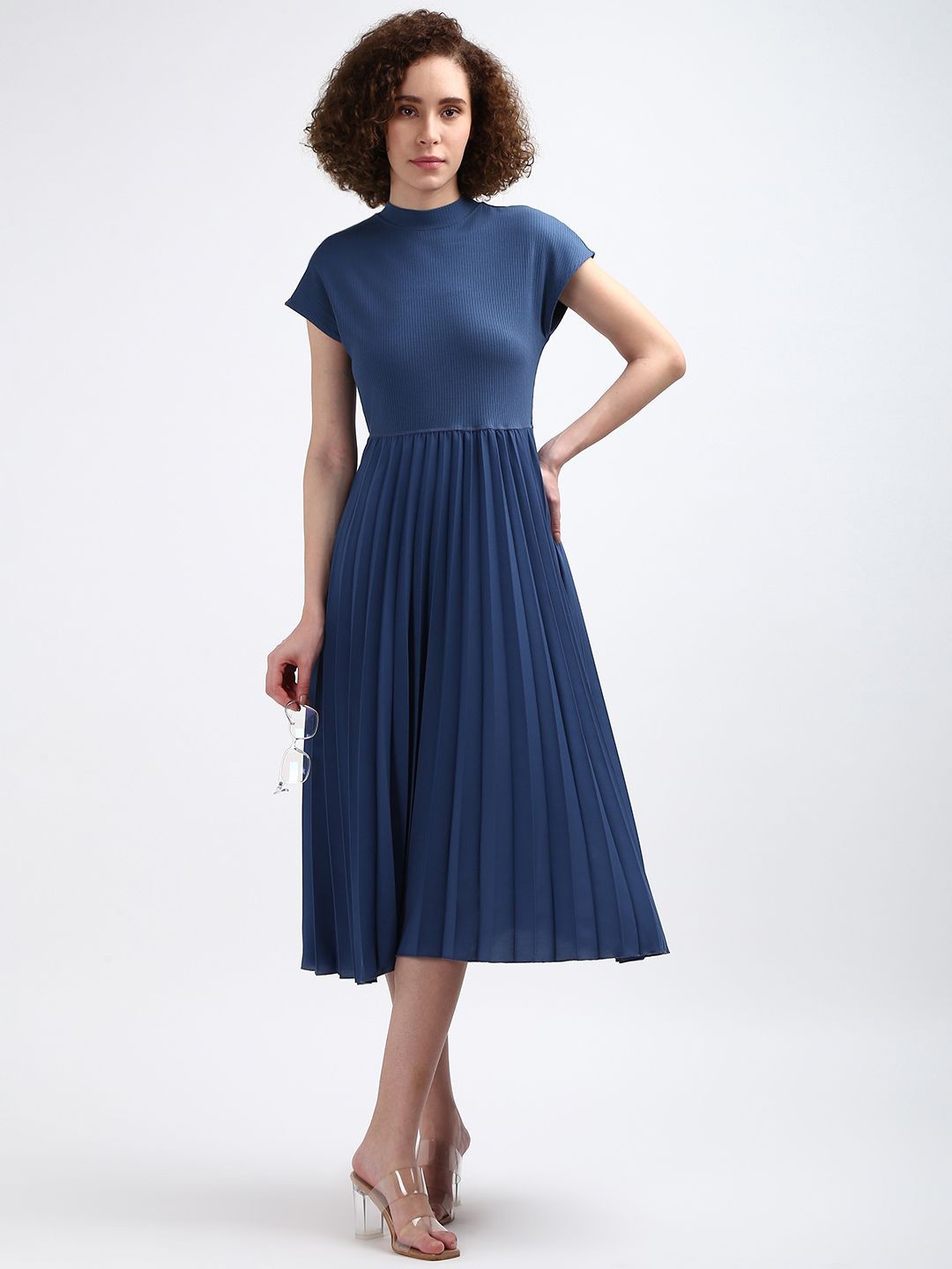 

Tommy Hilfiger Mock Neck Accordion Pleated Fit and Flare Dress, Blue
