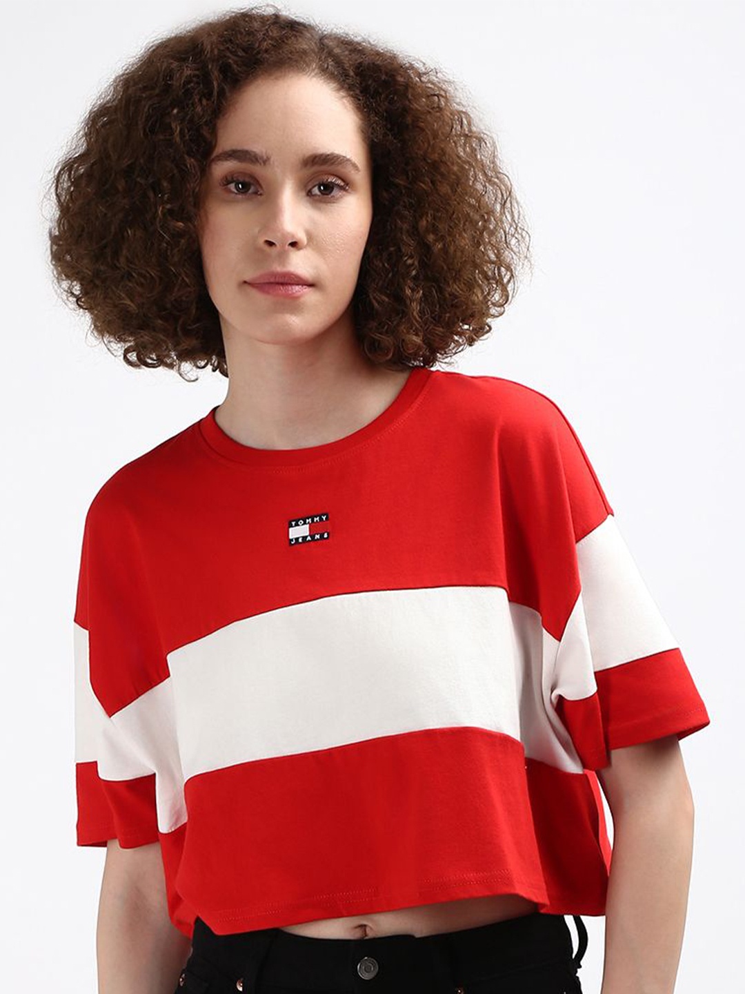 

Tommy Hilfiger Women Colourblock Cotton Crop T-shirt, Red