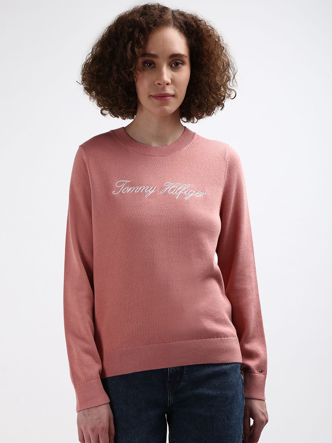 

Tommy Hilfiger Round Neck Typography Printed Pure Cotton Pullover Sweaters, Pink