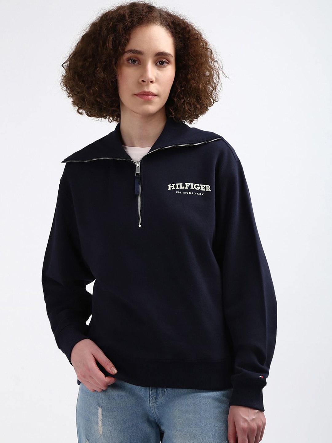 

Tommy Hilfiger Mock Collar Long Sleeves Pure Cotton Pullover Sweatshirt, Navy blue