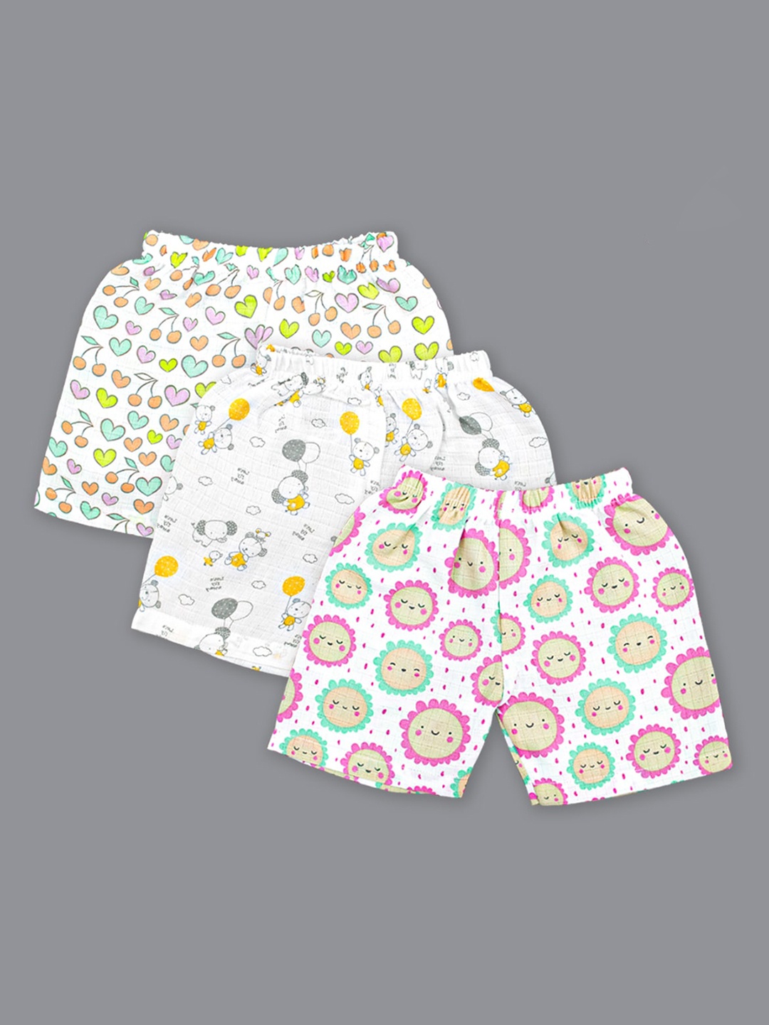 

Born Babies Kids Pack Of 3 Printed Mid-Rise Pure Organic Cotton Shorts, White
