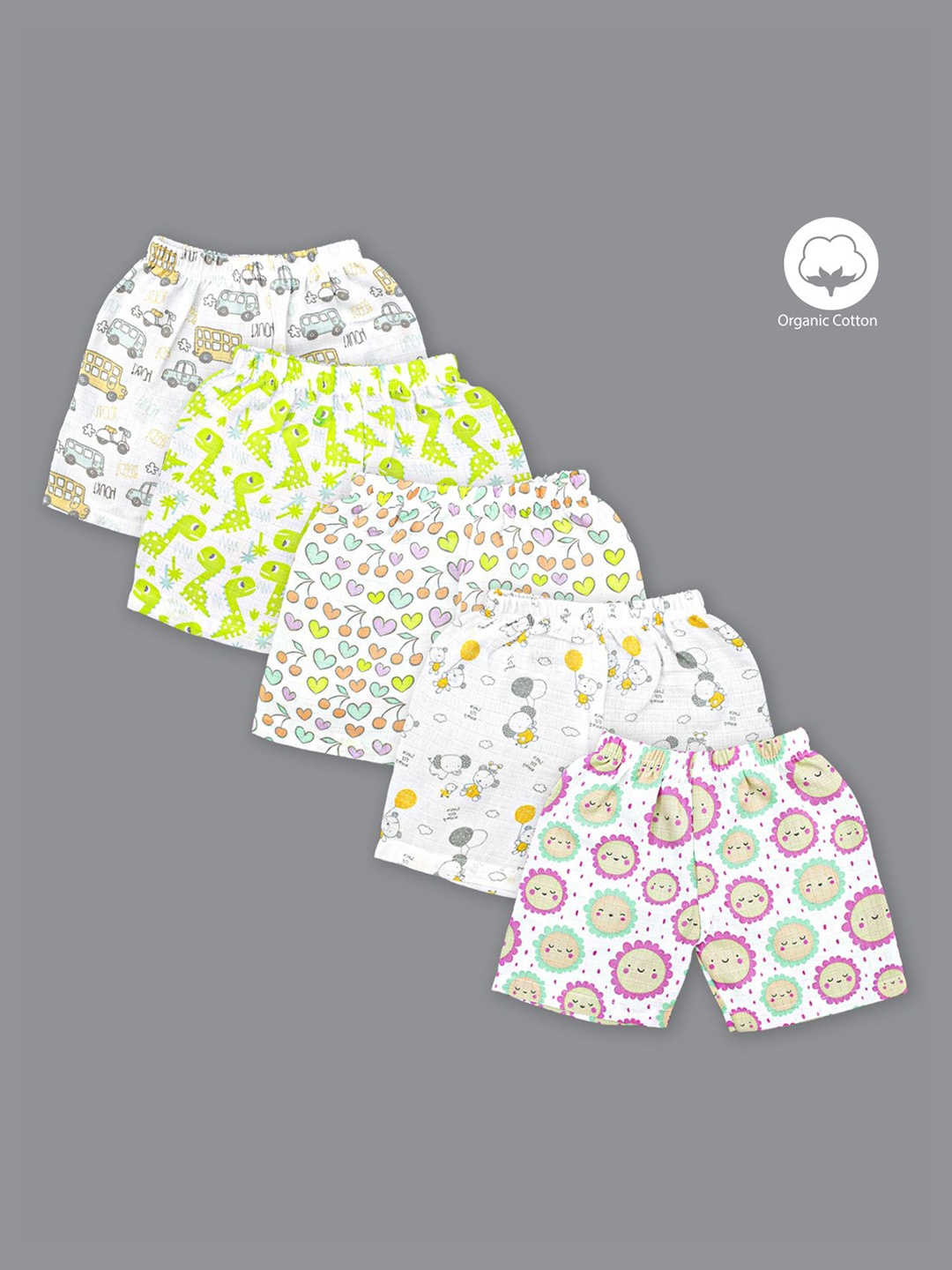 

Born Babies Kids Pack Of 5 Printed Pure Organic Cotton Shorts, White