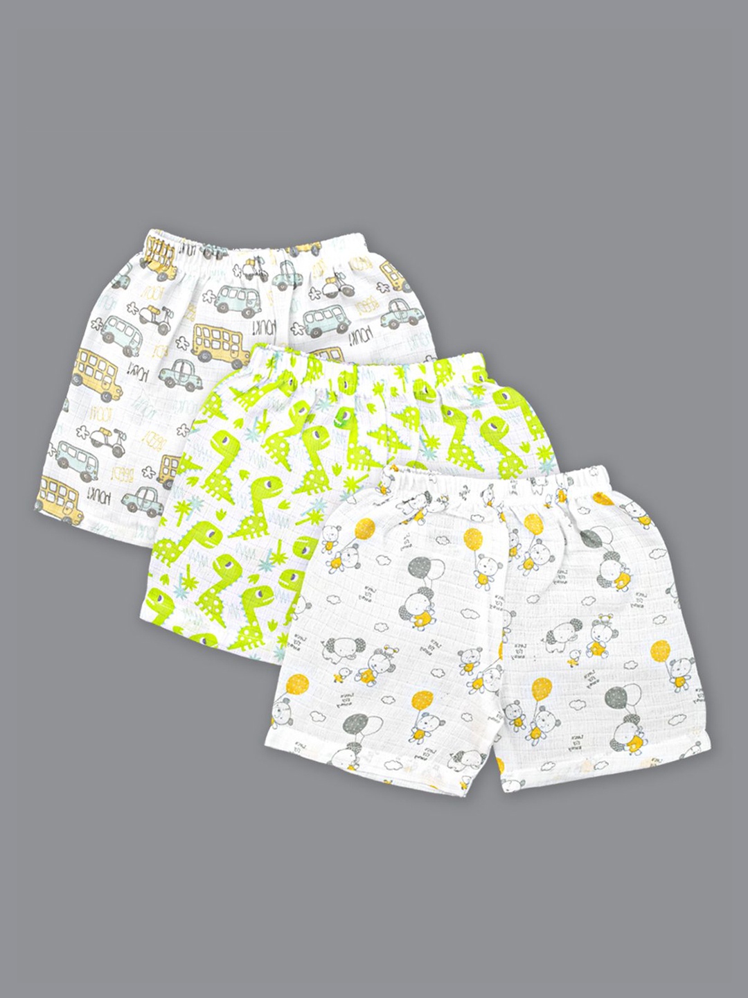 

Born Babies Kids Pack of 3 Conversational Printed Mid-Rise Cotton Shorts, White