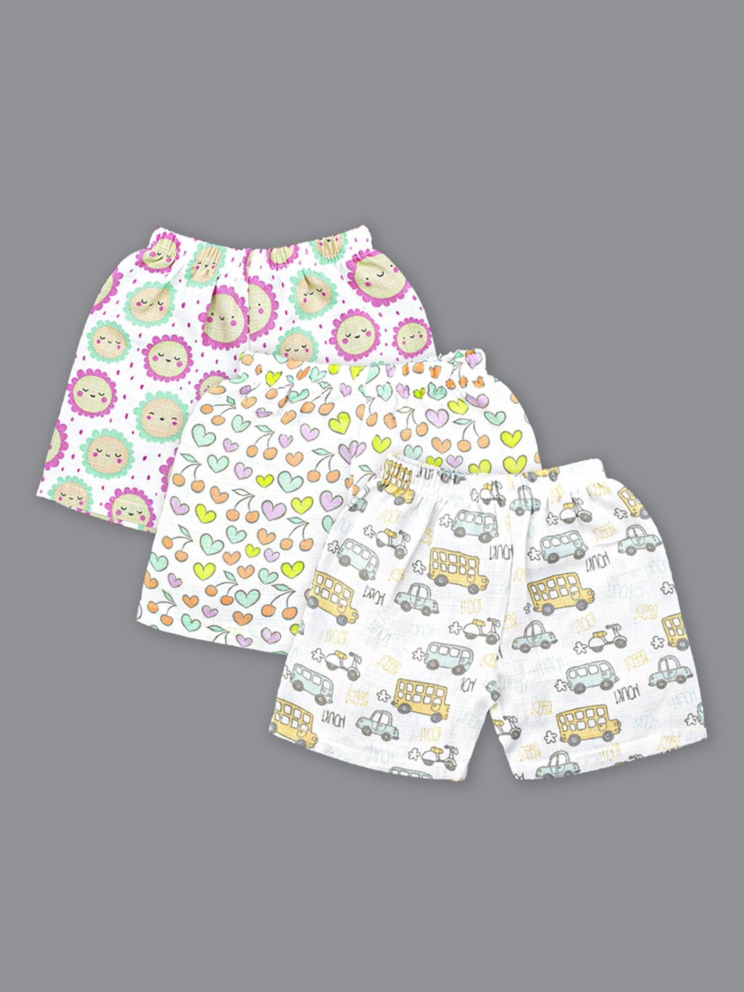 

Born Babies Unisex Kids Pack of 3 Conversational Printed Mid-Rise Organic Cotton Shorts, White