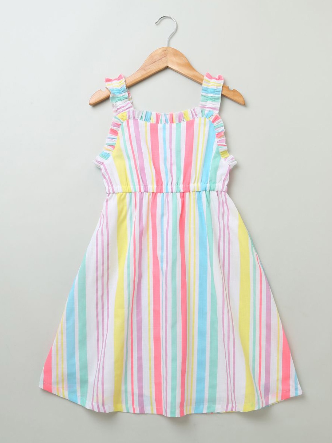 

Sweetlime By AS Girls Striped Shoulder Straps Ruffles Cotton A-Line Dress, White