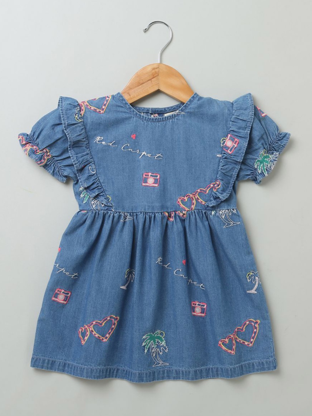 

Sweetlime By AS Girls Conversational Printed Puff Sleeves Denim Ruffles Fit & Flare Dress, Blue