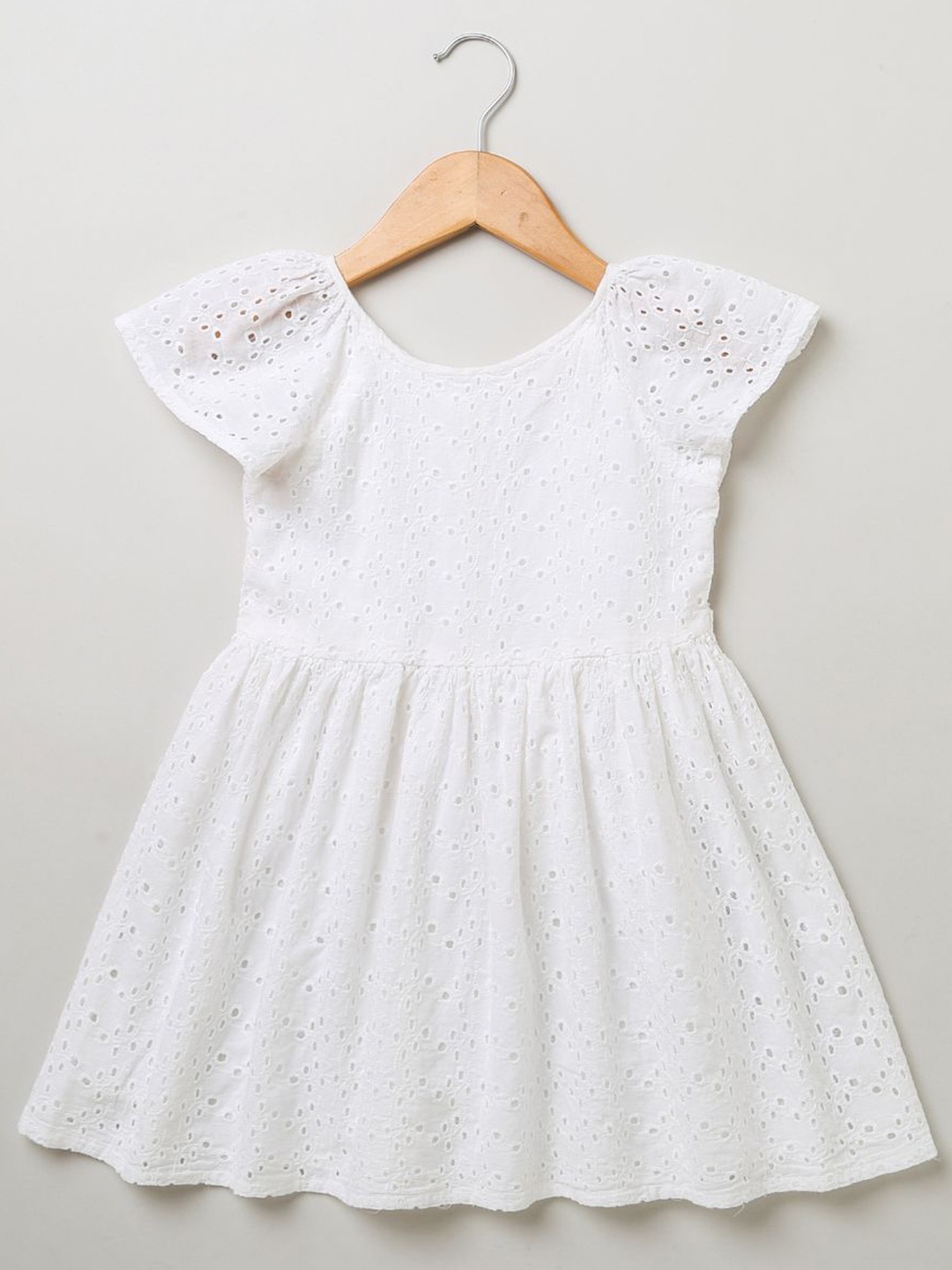 

Sweetlime By AS Girls Self Design Flutter Sleeves Cotton Schiffli Fit & Flare Dress, White