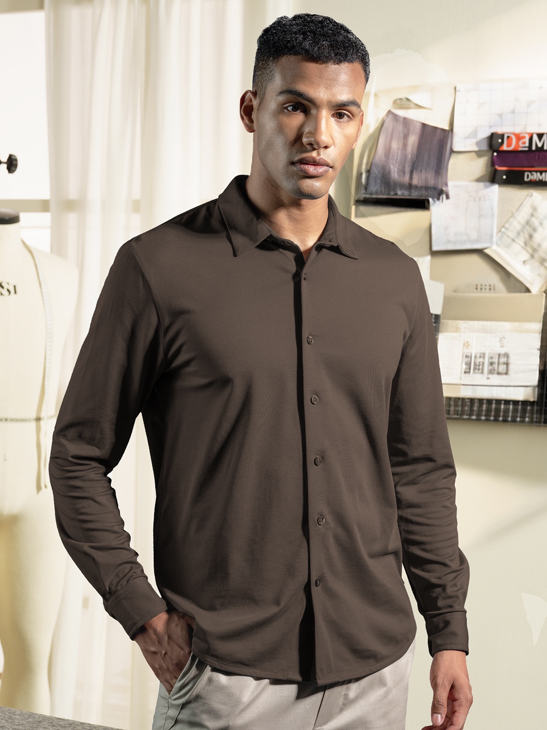 

DAMENSCH Spread Collar Long Sleeves Regular Fit Casual Shirt, Brown