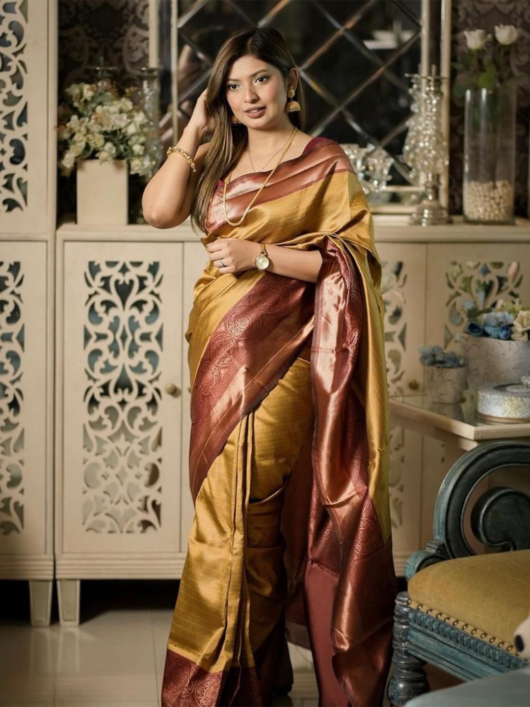 

revika Woven Design Zari Pure Silk Kanjeevaram Saree, Yellow