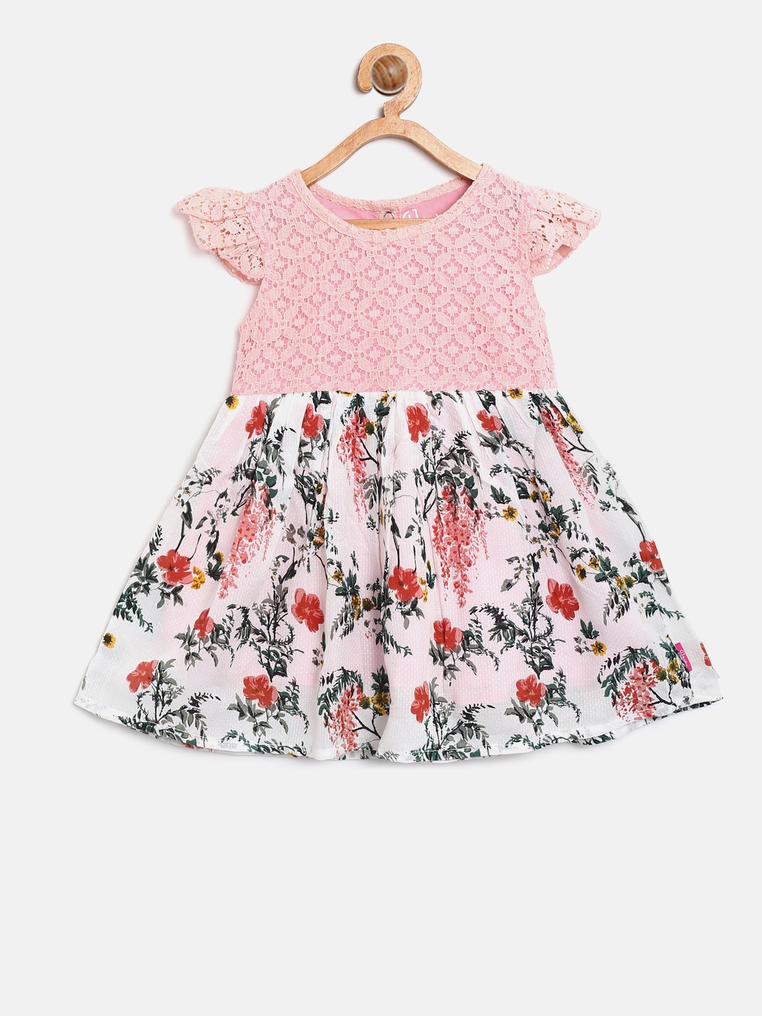 

Gini and Jony Girls Pink & Off-White Floral Print Lace Fit and Flare Dress