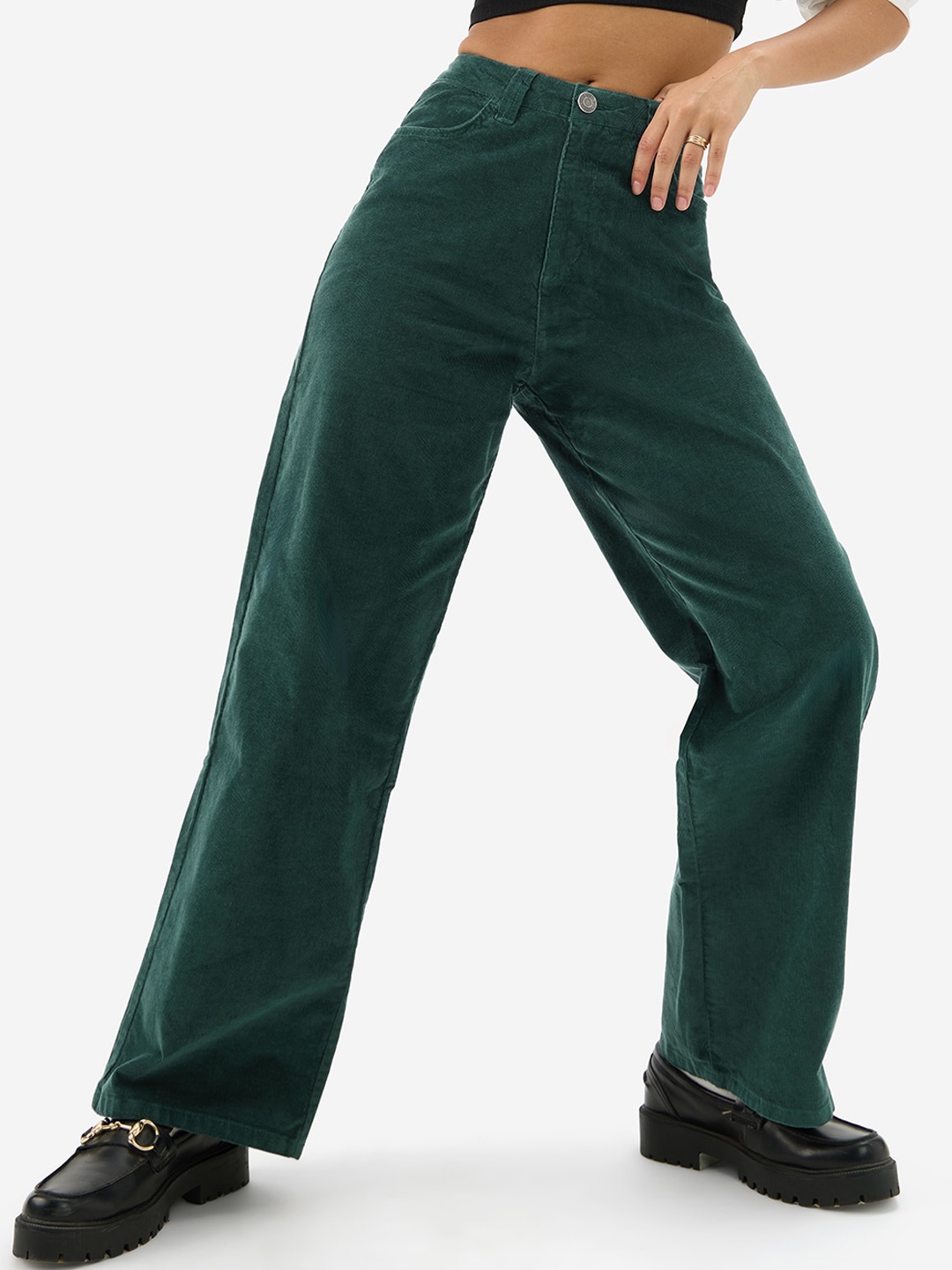 The Souled Store Women Straight Fit Corduroy Trousers, Green