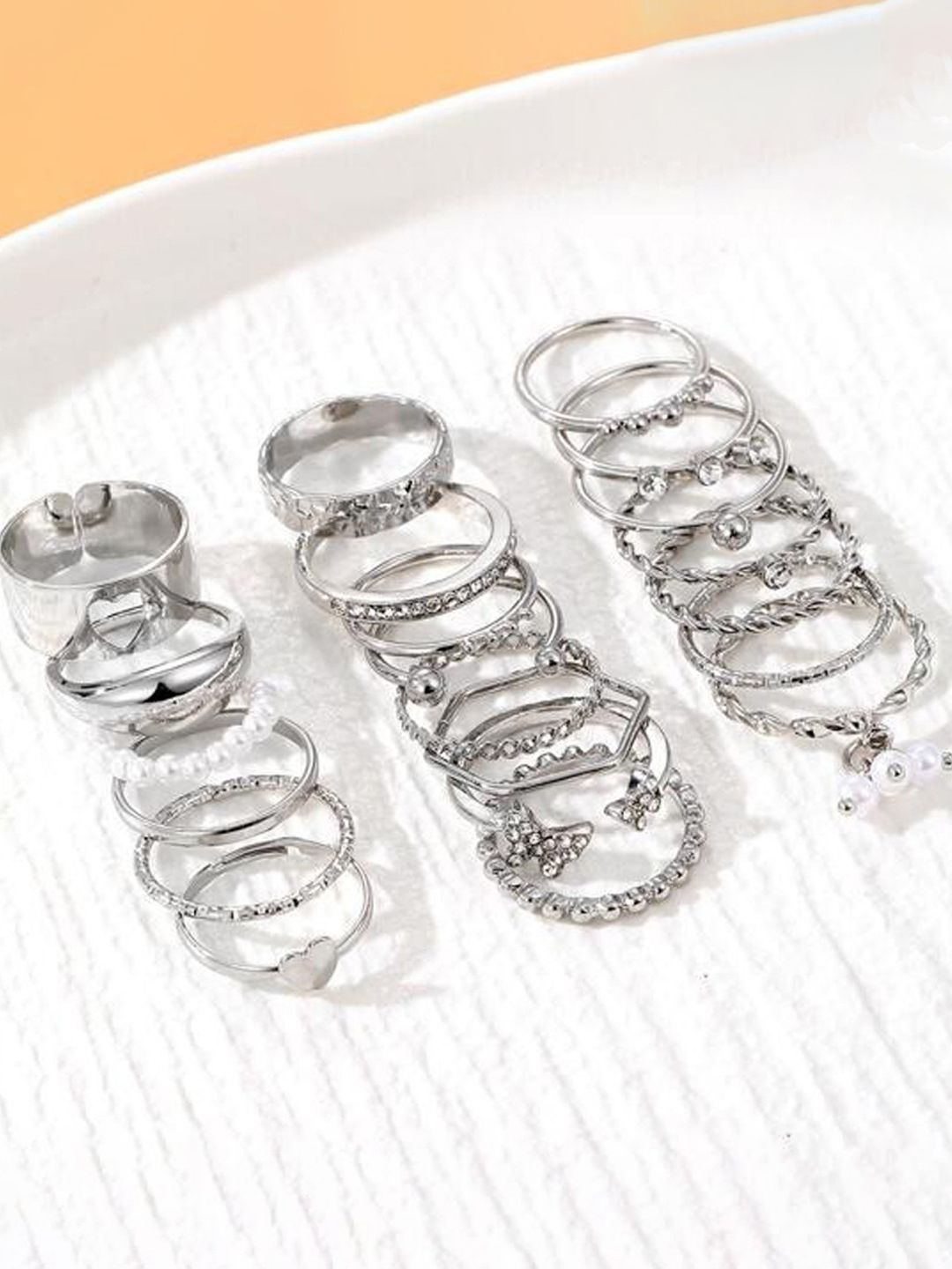 

Jewels Galaxy Set Of 21 Silver Plated Stone Studded & Beaded Finger Rings