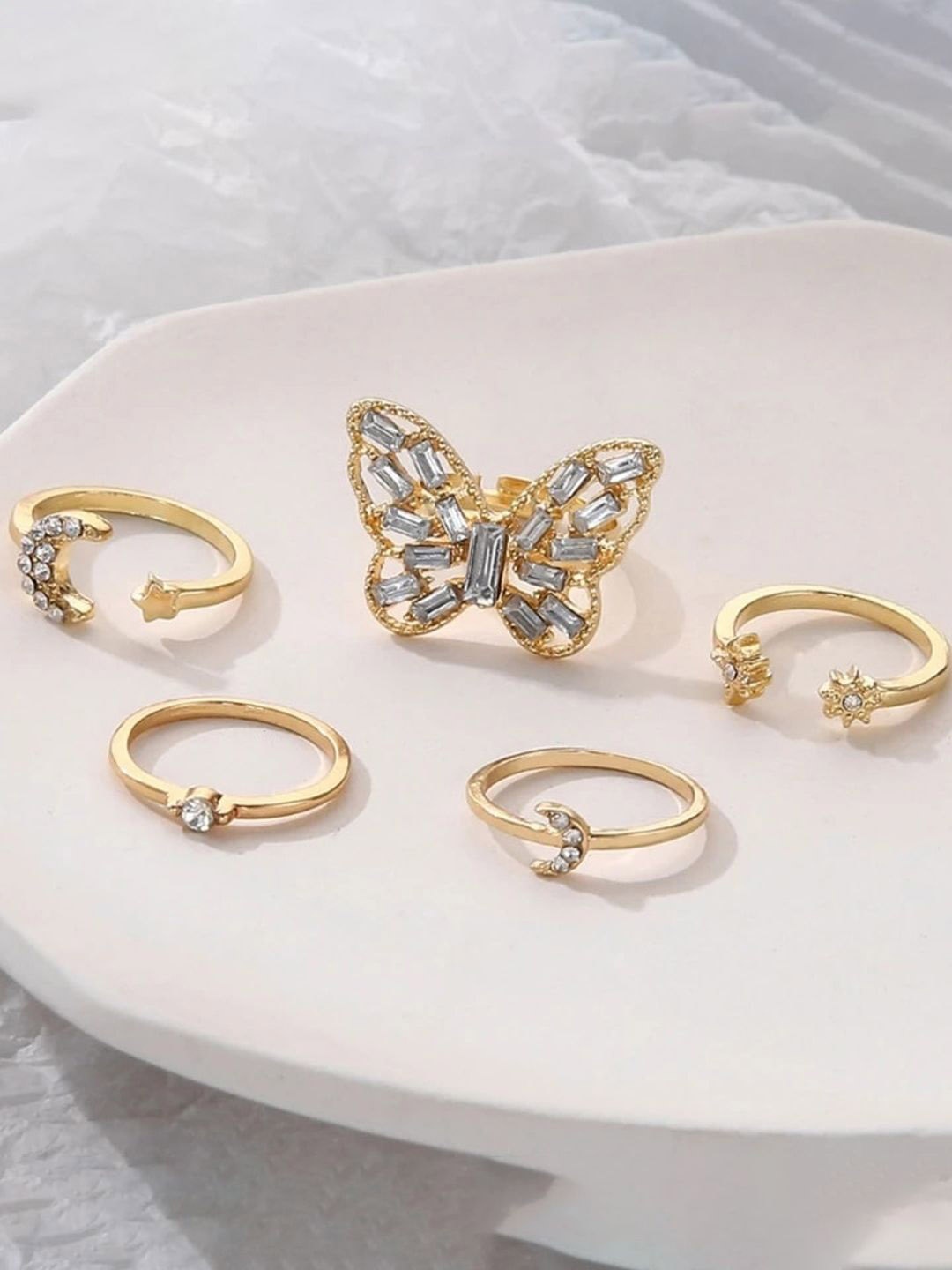 

Jewels Galaxy Set Of 5 Gold-Plated Stone Studded Stackable Finger Rings