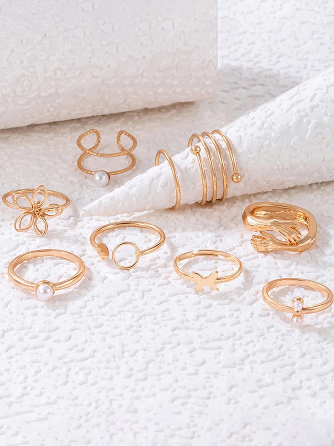 

Jewels Galaxy Set Of 9 Gold-Plated Beaded Finger Rings