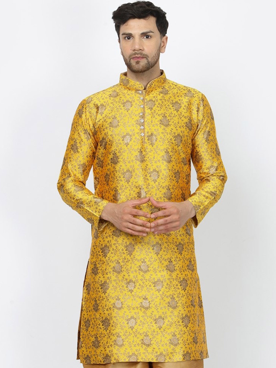 

Sydney Heights Men Floral Woven Design Work Jacquard Kurta, Yellow