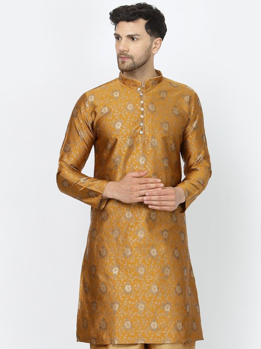 

Sydney Heights Men Floral Woven Design Work Jacquard Kurta, Mustard