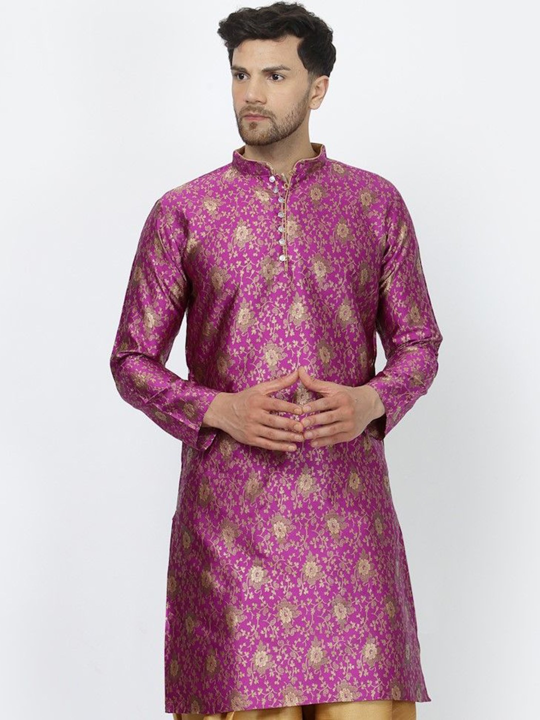 

Sydney Heights Men Floral Woven Design Work Jacquard Kurta, Purple
