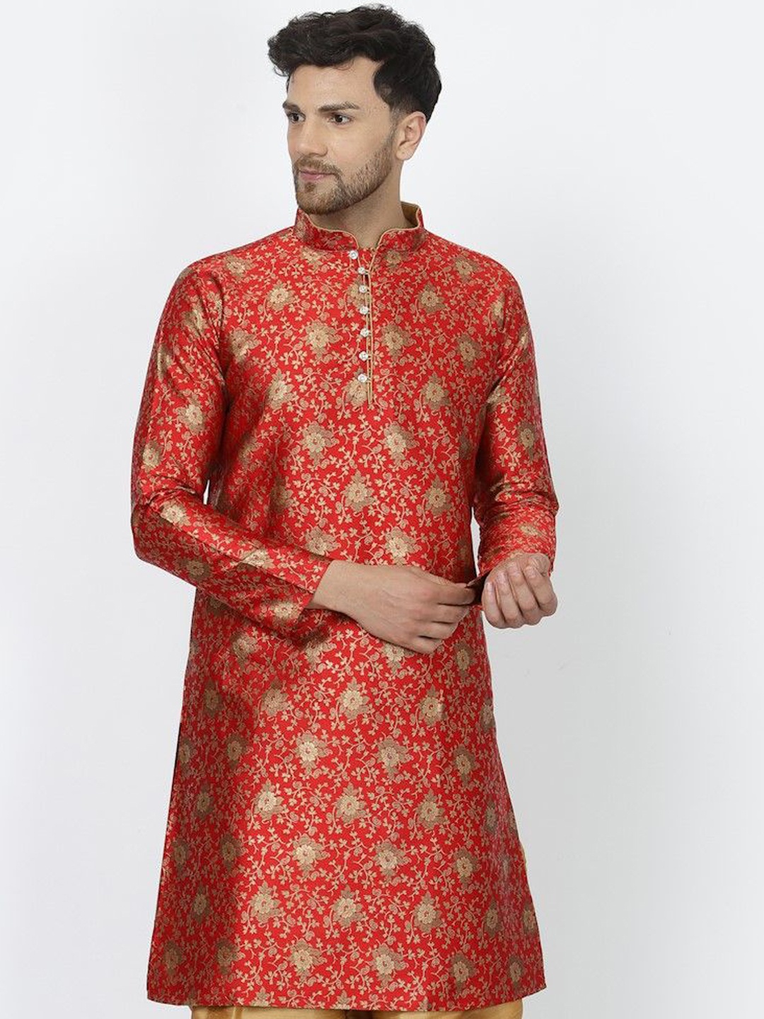 

Sydney Heights Men Floral Woven Design Work Jacquard Kurta, Maroon