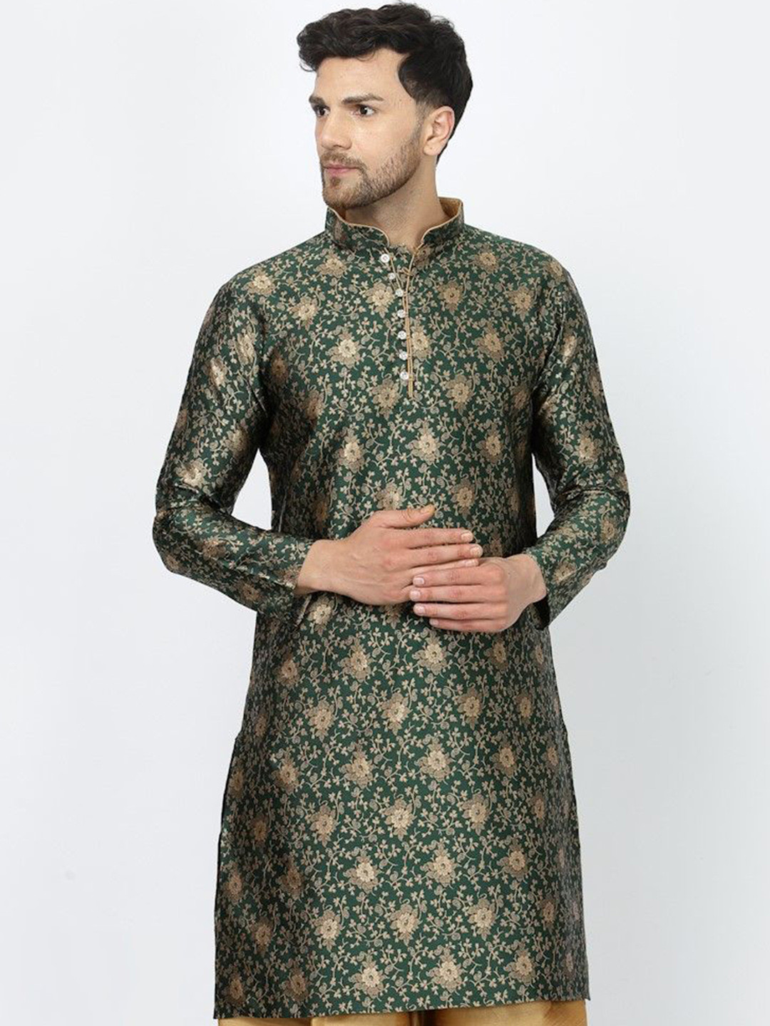 

Sydney Heights Men Floral Woven Design Work Jacquard Kurta, Green