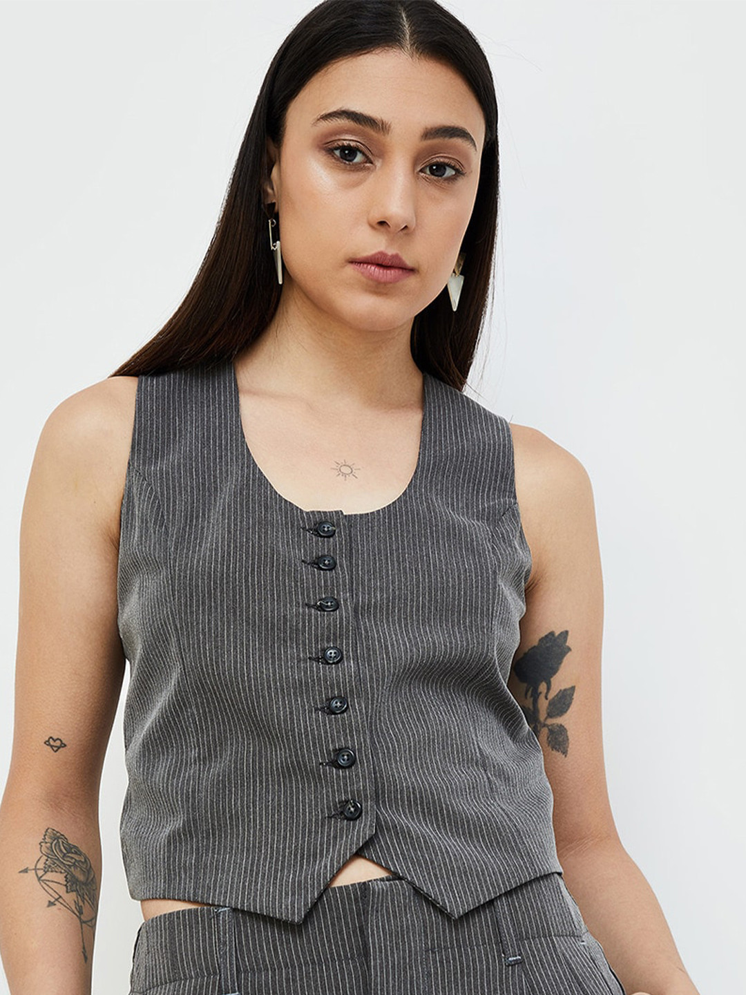 

CODE by Lifestyle Self Design Vertical Striped Round Neck Casual Top, Grey