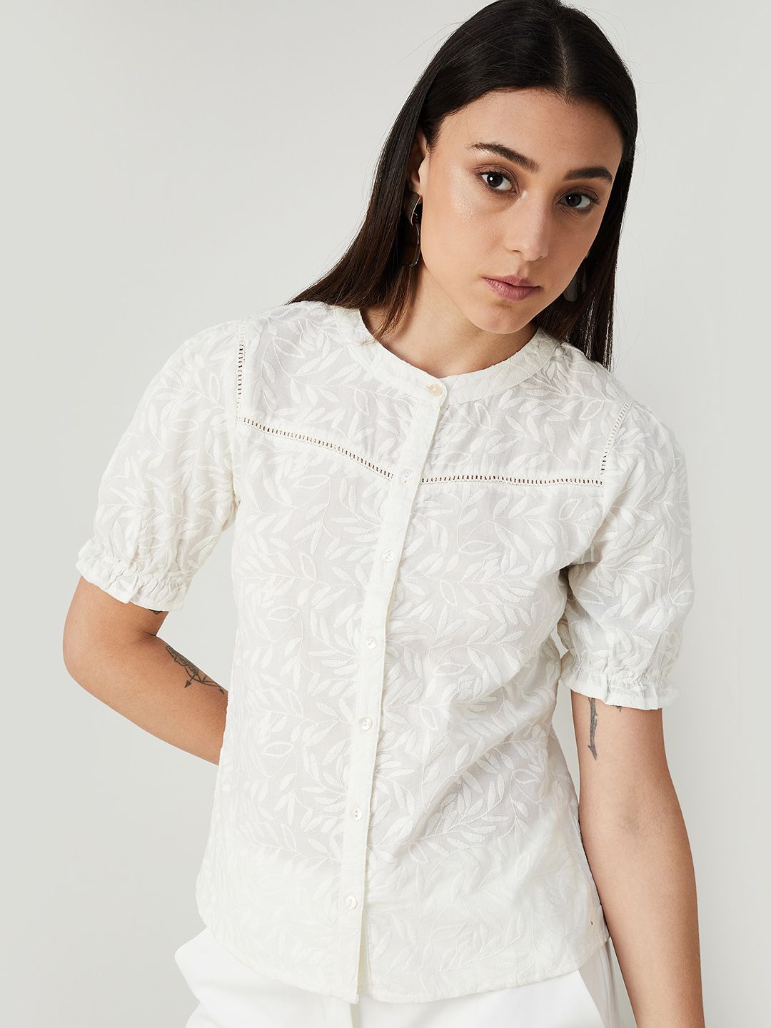 

CODE by Lifestyle Puff Sleeve Mandarin Collar Cotton Top, Off white