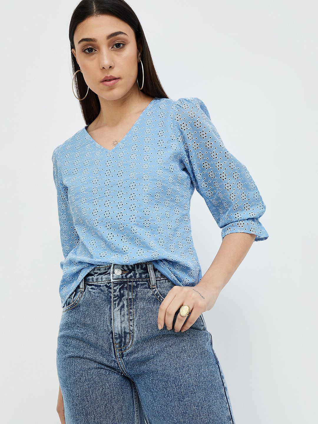 

CODE by Lifestyle Embroidered Schiffli Cotton Top, Blue