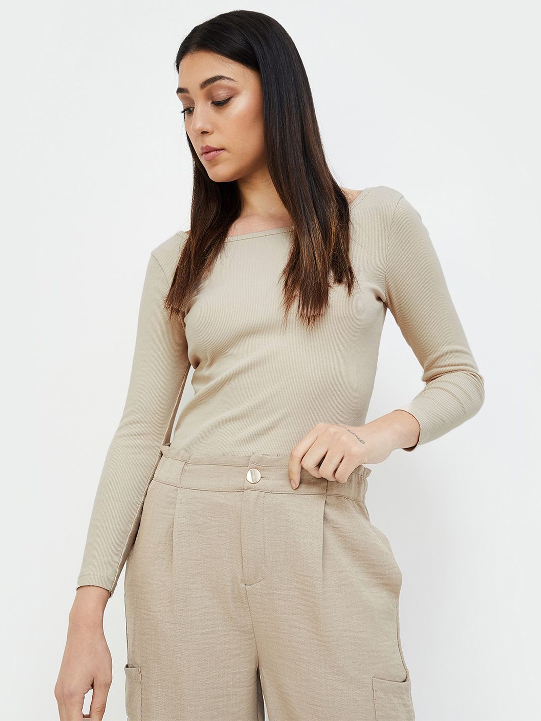 

CODE by Lifestyle Self Design Boat Neck Cotton Top, Beige