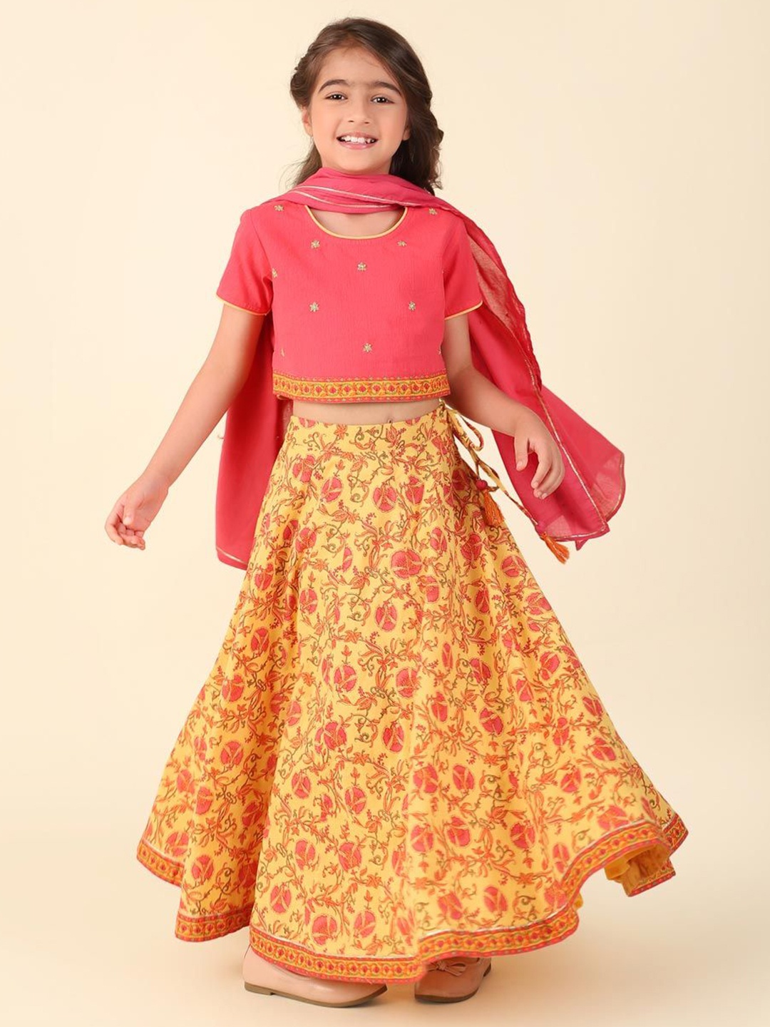 

Fabindia Girls Printed Ready to Wear Cotton Lehenga & Blouse With Dupatta, Yellow