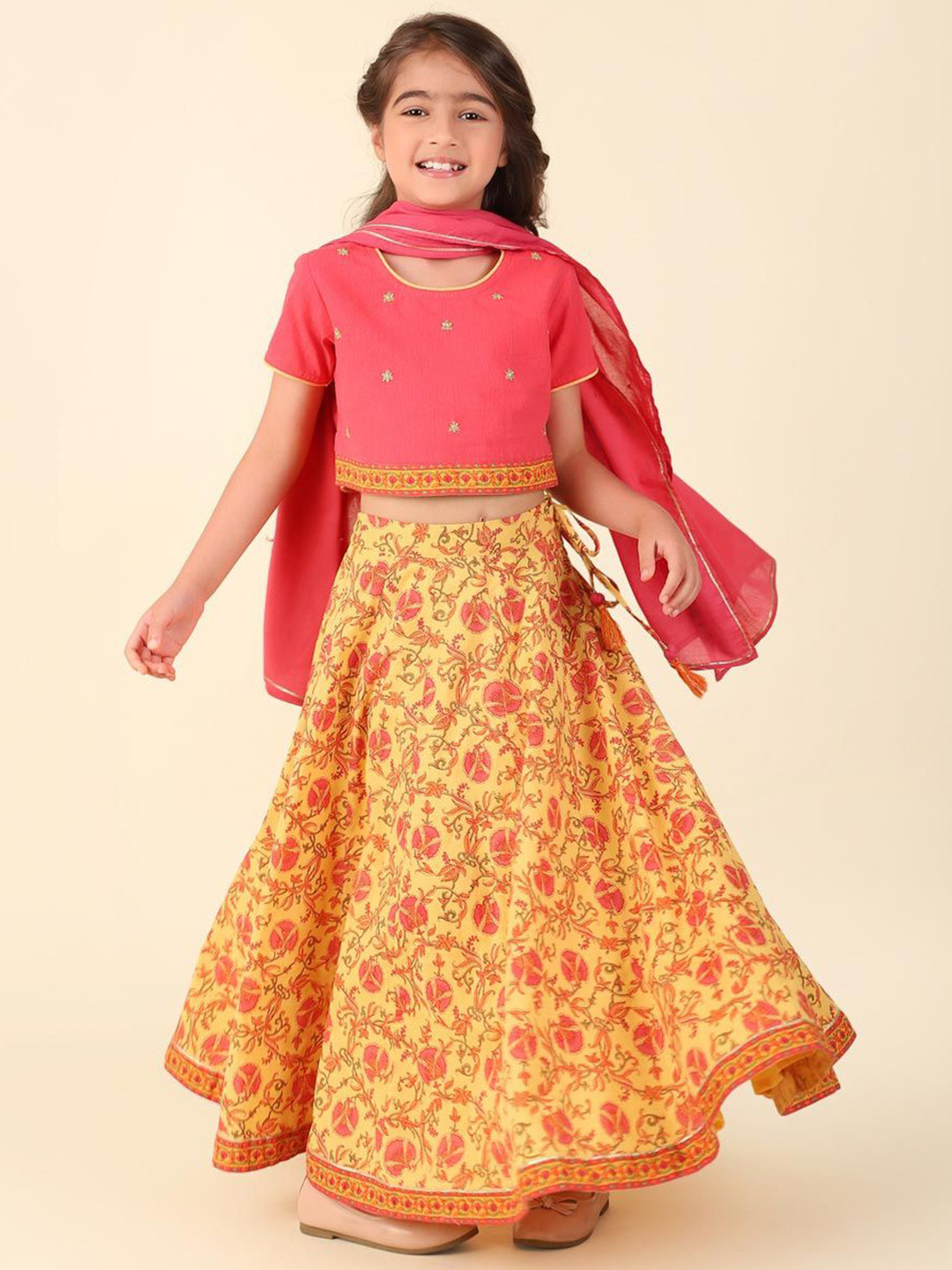 

Fabindia Girls Printed Thread Work Cotton Ready to Wear Lehenga & Blouse With Dupatta, Yellow