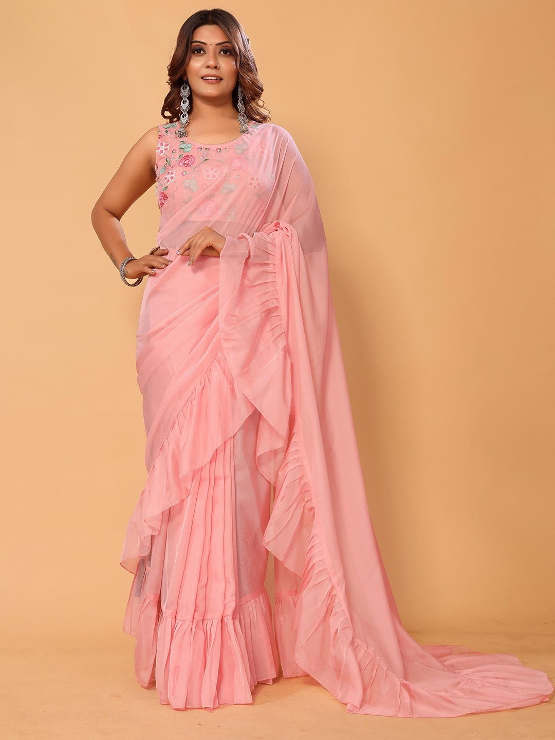 

PATLANI STYLE Ruffled Pure Organza Ready To Wear Saree & Embroidered Unstitched Blouse, Pink