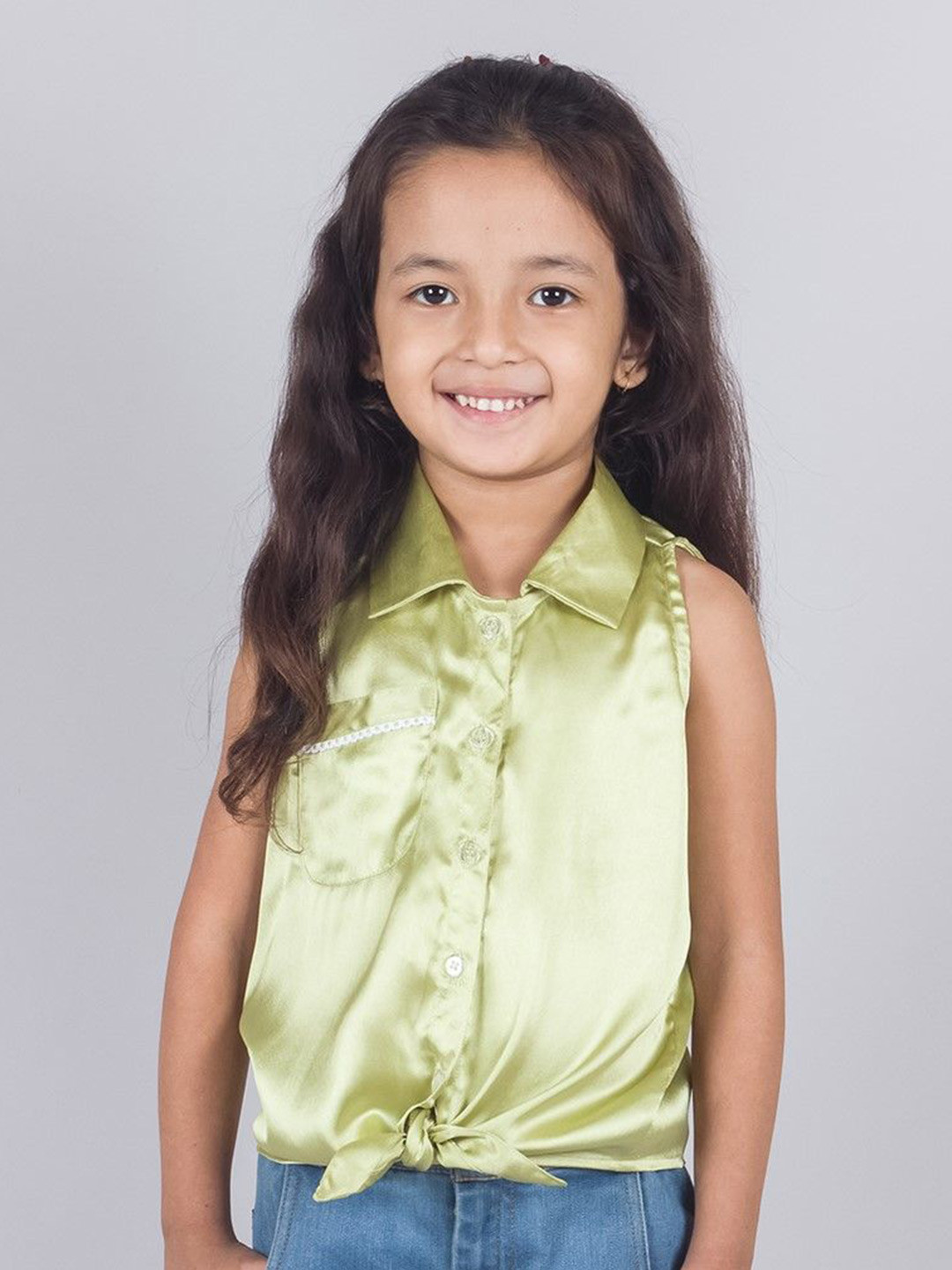 

Tangerine Closet Girls Satin Shirt Style Top, Olive