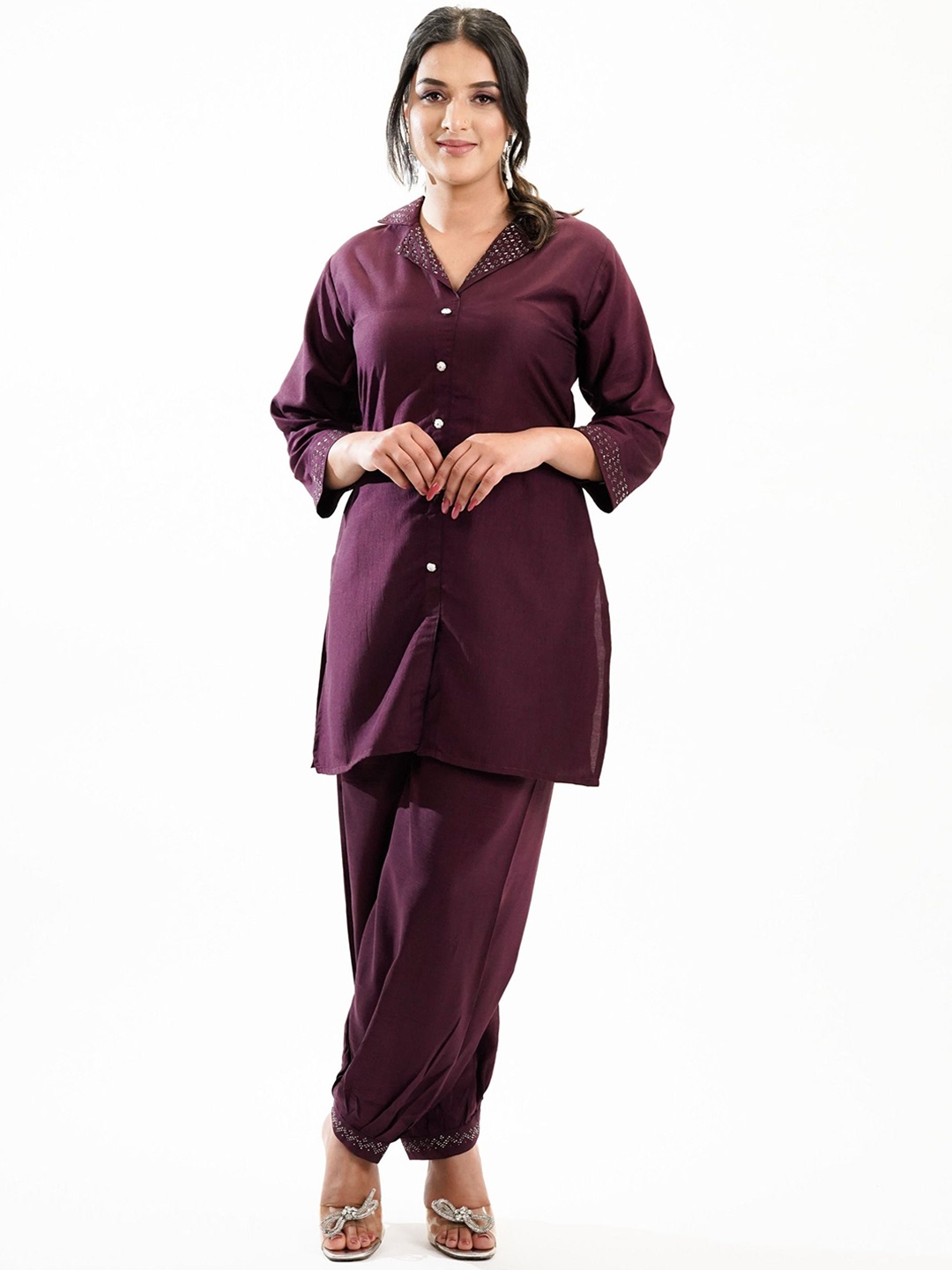 

NoLabels Shirt Collar Tie-up Tunic & Salwar Co-Ords, Purple