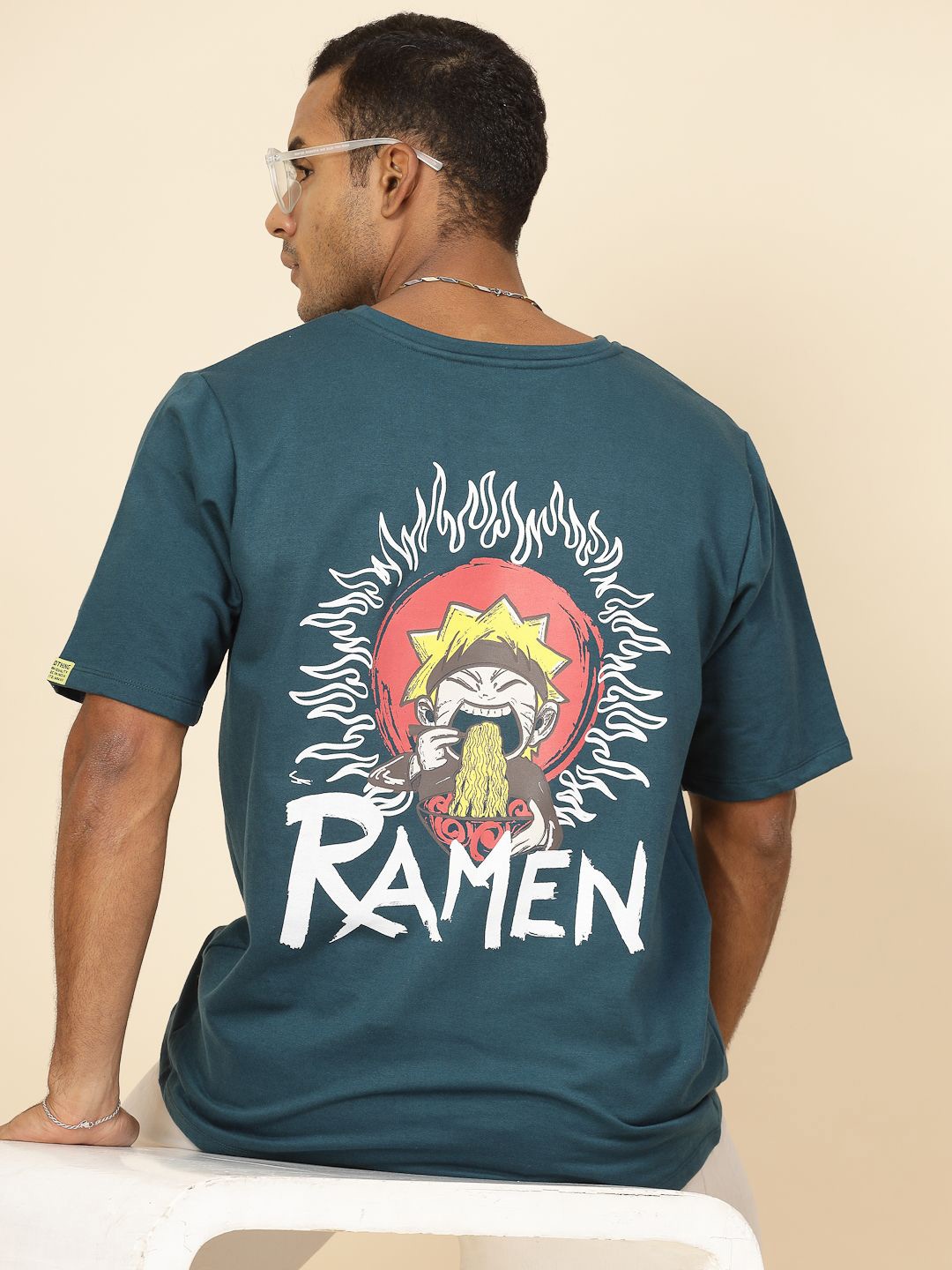 

Rigo Printed Drop-Shoulder Sleeves Oversized Fit Cotton T-shirt, Teal