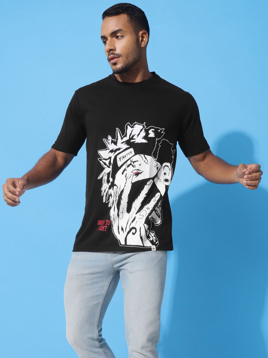 

Bukkl Graphic Printed Round Neck Short Sleeves Oversized Cotton T-shirt, Black