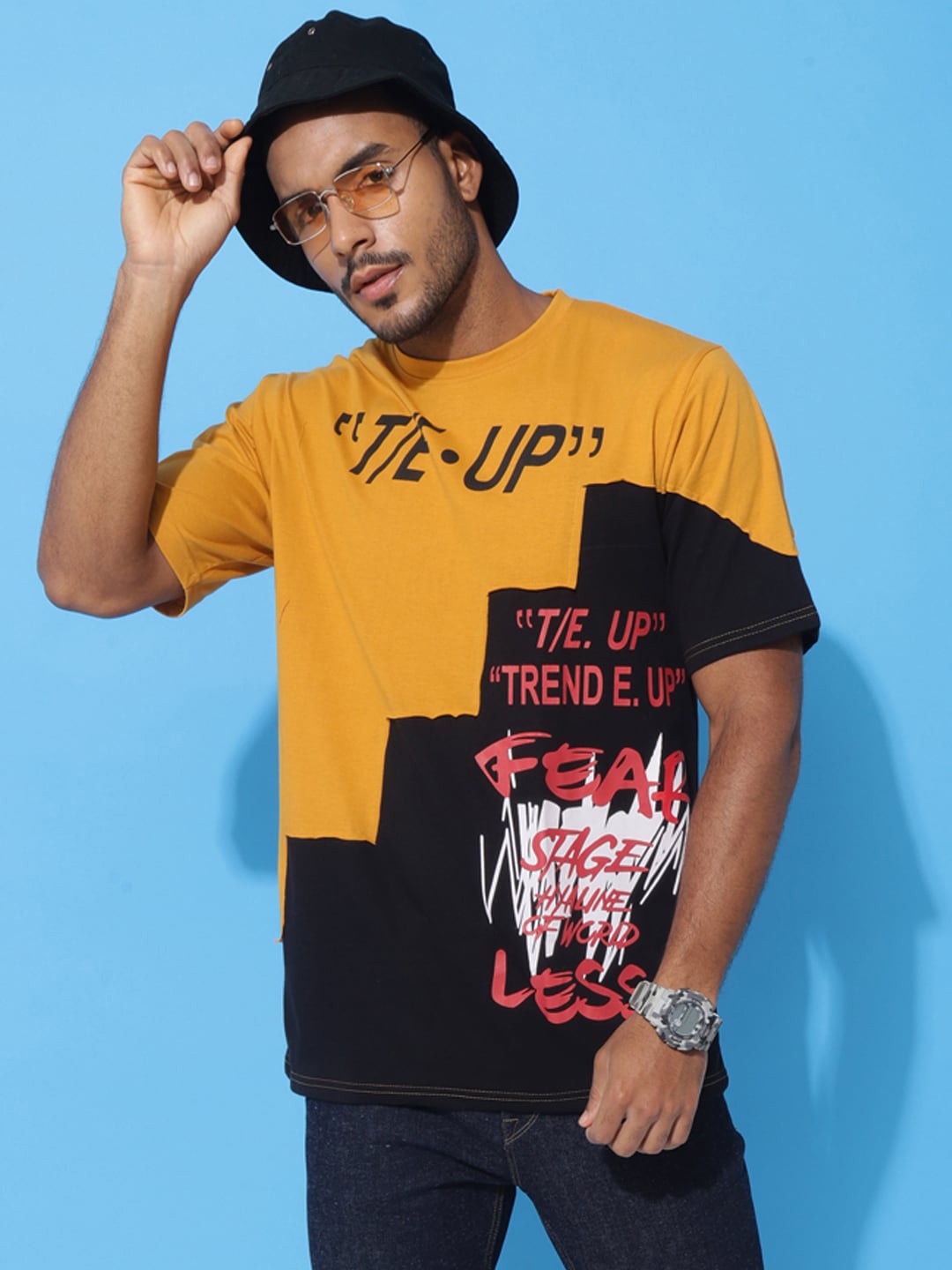

Bukkl Men Graphic Printed Round Neck T-shirt, Mustard