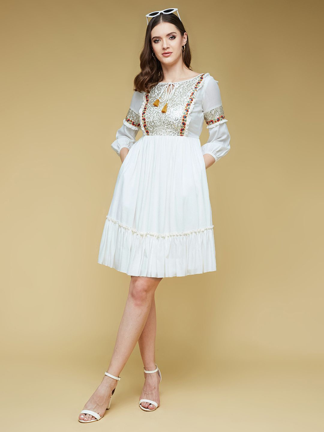 

Life With Pockets Tie-Up Neck Sequined Net Fit & Flare Dress, Off white