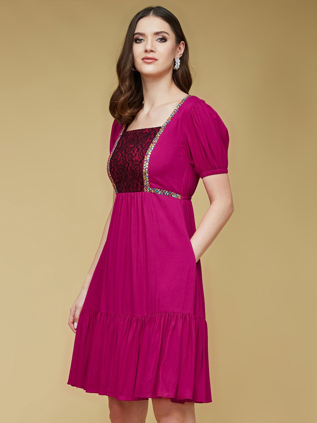 

Life With Pockets Puff Sleeves Square Neck Lace Empire Dress, Pink