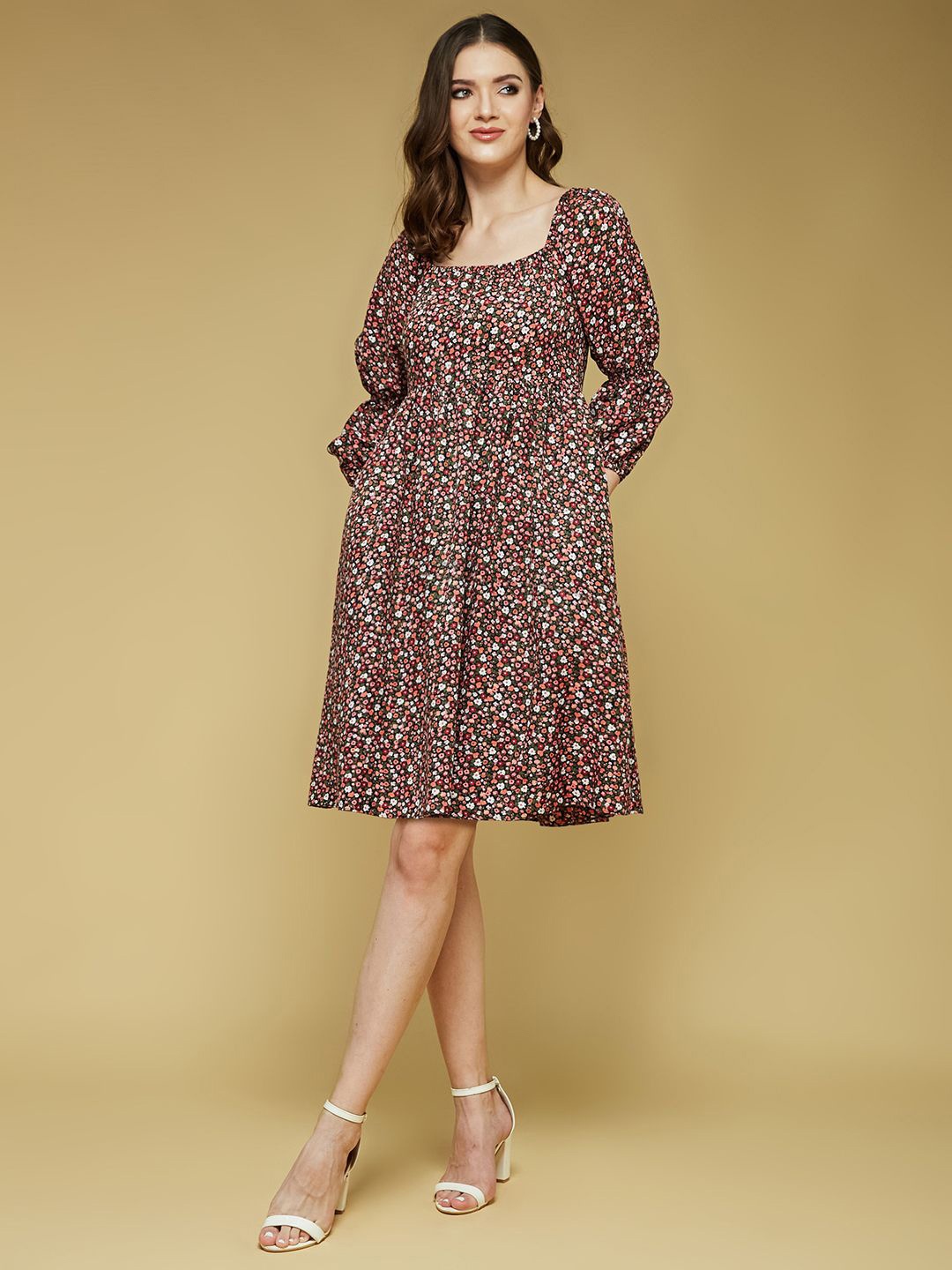 

Life With Pockets Women Floral Printed Gathered or Pleated Empire Dress, Beige
