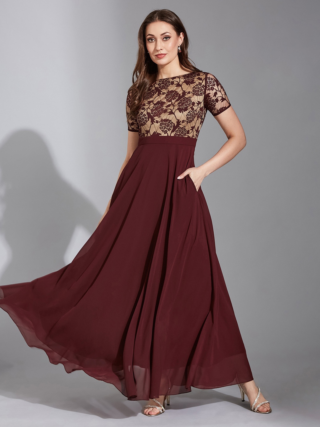 Life With Pockets Floral Printed Georgette Maxi Dress, Maroon