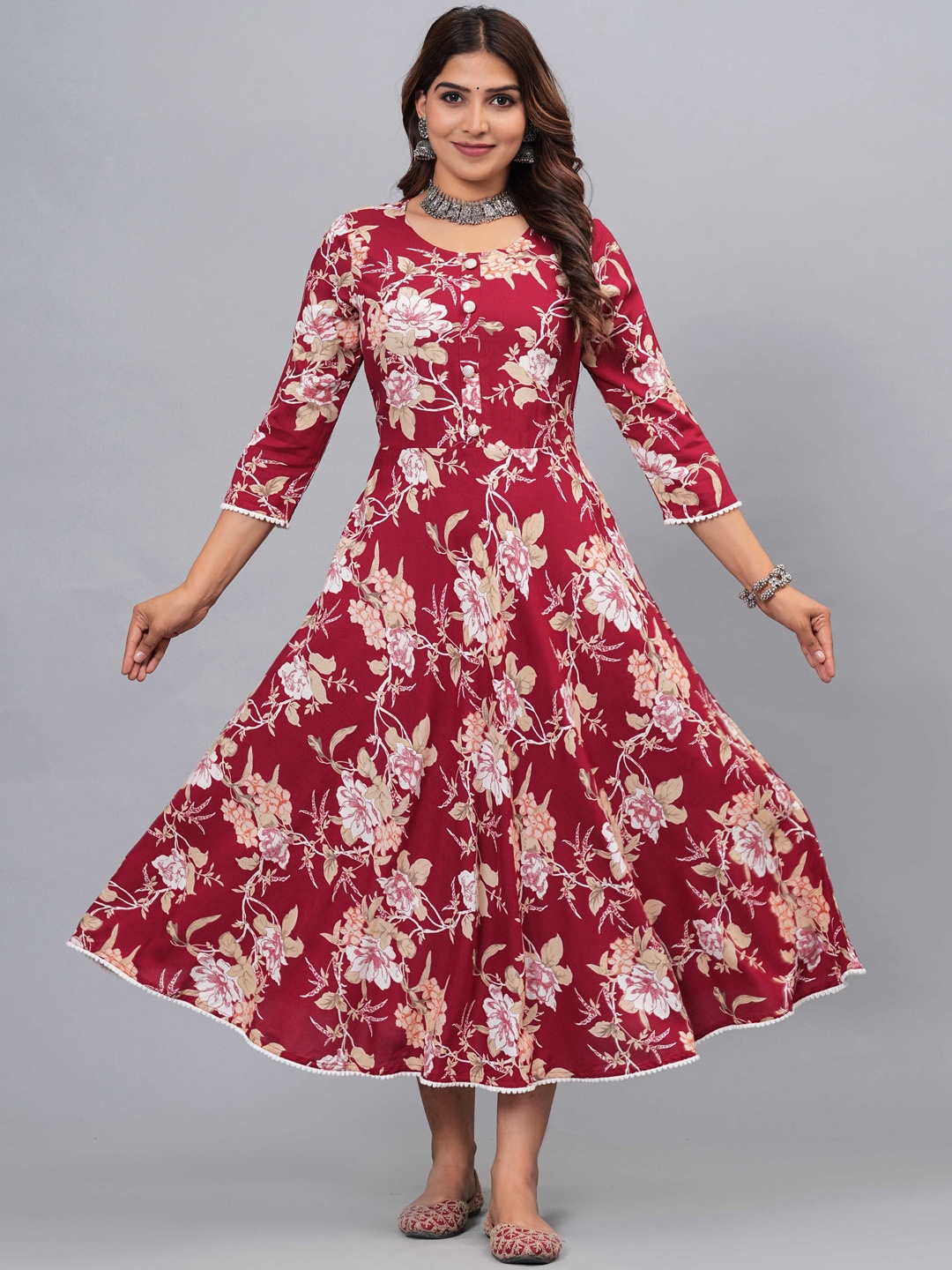

KALINI Floral Printed Round Neck Anarkali Kurta, Red