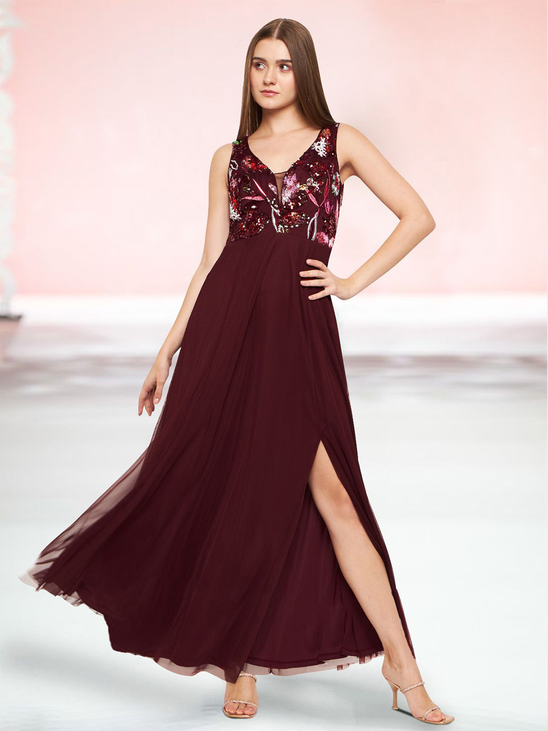 

Martini Sequin Embellished Sleeveless Net Maxi Dress, Maroon